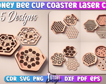 Honey Bee Cup Coasters Laser Cut | Home SVG Design | Kitchen Laser Cut Files