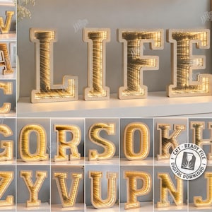 Può includere: Una collezione di ventisei specchi infiniti a forma di lettera in legno, ognuno con un effetto tunnel luminoso. Le lettere compongono la parola LIFE e includono l'intero alfabeto. L'immagine include testo che indica un file digitale per taglio laser.