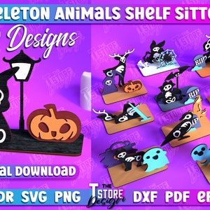 Skeleton Animals Shelf Sitter Lasercut, Halloween Shelf Sitter SVG, Shelf Sitter Laser Cut Bundle, Halloween Signs SVG, Halloween Decor SVG