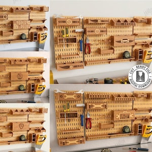 May include: Wooden pegboard designs with various tool storage options. Includes shelves, tool holders, and decorative elements. The image shows five different designs, with the text "TOOLS RULES" visible on one. The material width is 4mm.