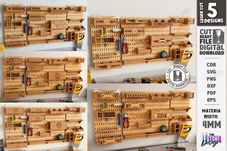 May include: Wooden pegboard designs with various tool storage options. Includes shelves, tool holders, and decorative elements. The image shows five different designs, with the text "TOOLS RULES" visible on one. The material width is 4mm.
