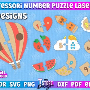 Paquete de rompecabezas de números cortados con láser, rompecabezas de madera Montessori para niños cortados con láser, rompecabezas de juguete educativo cortado con láser, rompecabezas de números coincidentes svg