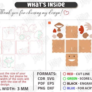 May include: Digital cut file with instructions for a laser-cut design. Includes various shapes and text: "WHAT'S INSIDE" and "Thank you for choosing my design!" Material width is 3 mm. Formats include CDR, SVG, PDF, EPS, PNG, and DXF.