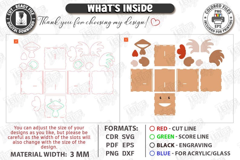 May include: Digital cut file with instructions for a laser-cut design. Includes various shapes and text: "WHAT'S INSIDE" and "Thank you for choosing my design!" Material width is 3 mm. Formats include CDR, SVG, PDF, EPS, PNG, and DXF.