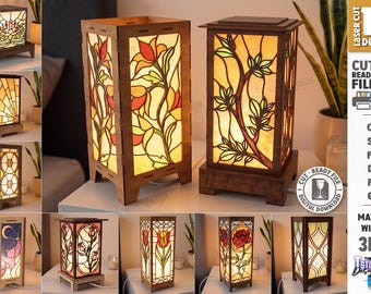 Lámpara de madera con vidrieras, archivo de corte láser - Lámpara de mesa LED - Farol decorativo - Pantalla floral - Iluminación ambiental svg