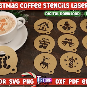 Christmas Coffee Stencils Laser Cut Bundle, Coffee Designs Laser Cut Digital Files, Round Coffee Stencil, Pattern on Coffee, Coffee Lover