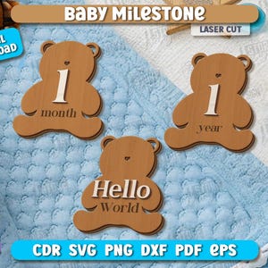 Lot de jalons découpés au laser pour bébé, ensemble de jalons en rotin, cartes mensuelles de première année de bébé, faire-part de nouveau-né, hello world svg, ours laser v.3