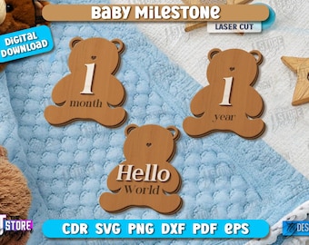 Baby milestone laser cut bundle, rattan milestones set, monthly baby first year cards, newborn announcement, hello world svg, bear laser v.3