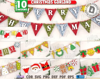 3d Christmas garland lasercut bundle, Xmas layered garland svg, Christmas bunting banner svg, wall decor, Xmas layered ornament, Santa Claus