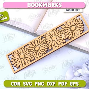 May include: Laser cut bookmark with a design of three stylized flowers. The bookmark is made of wood and has a light brown color.