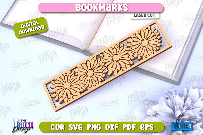 May include: Laser cut bookmark with a design of three stylized flowers. The bookmark is made of wood and has a light brown color.