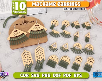 Macrame earrings laser cut bundle, wooden macrame earrings svg, macrame wood blanks, boho earrings svg, wooden jewelry, macrame earrings svg