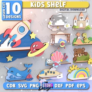 Peut inclure: Dix modèles de rayonnages pour enfants à télécharger numériquement, chacun avec un thème différent, notamment une fusée, une narval, une coquille, un château, un dinosaure, un avion et un arc-en-ciel. Les modèles sont tous découpés et prêts à être assemblés.