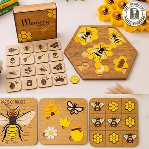 May include: A wooden memory game set featuring a box with the text Memory Game, square tiles with bee-themed icons, a hexagonal board with bee illustrations, and a puzzle board labeled Parts of the Bee. Includes two crocheted bee figures.