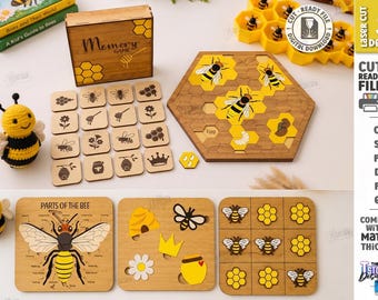 Jogo de Aprendizagem com Abelhas em SVG - Quadro de Atividades Montessori com Abelhas - Jogo da Memória em Madeira - Quebra-cabeça de Favo de Mel - Arquivo para Corte a Laser em SVG