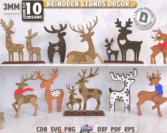 Set di decorazioni per stand di renne 3D tagliate al laser, renne natalizie tagliate al laser, renne ornamentali, decorazioni in legno in formato svg, decorazioni natalizie in piedi in formato svg