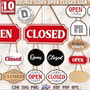以下が含まれることがあります： さまざまなデザインの、両面表示の「OPEN/CLOSED」サインのコレクションです。「Open」、「Closed」、「Welcome」、「See you soon」などのテキストが書かれた赤、黒、木製のサインが含まれています。装飾的なボーダーが付いたサインもあり、紐で吊り下げられています。