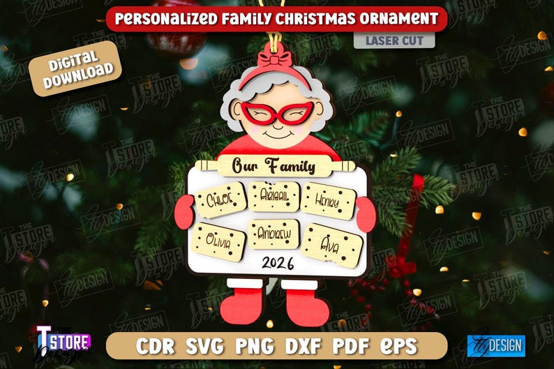 May include: A personalized family Christmas ornament with a laser-cut design. The ornament features a cartoon grandmother figure holding a sign that reads "Our Family" and includes family member names and the year 2026. The ornament is red, white, and beige.