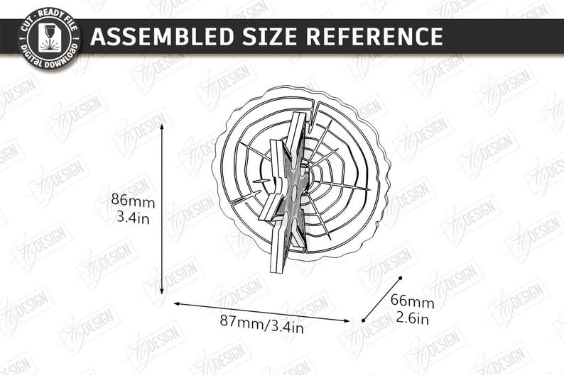 Puede incluir: Dibujo lineal en blanco y negro de una rebanada de &aacute;rbol de madera ensamblada con un dise&ntilde;o de estrella. Las dimensiones son 8,6 cm de alto, 8,7 cm de ancho y 6,6 cm de profundidad. El texto "ASSEMBLED SIZE REFERENCE" est&aacute; en la parte superior.