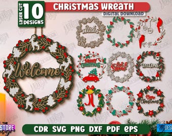 3d Christmas wreath laser cut bundle, Merry Christmas svg, Xmas wreath signs svg, Xmas wall hanger, Xmas wreath laser cut, wooden wreath svg