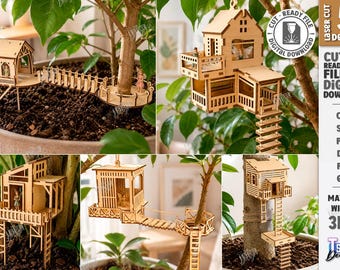 Fee Baumhaus svg - Miniatur Baumhaus svg - Laser geschnitten Pflanzendekor svg