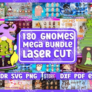 May include: A collage of 180 gnome designs for laser cutting. The designs include gnomes in various poses and outfits, such as a gnome with a beard, a gnome with a hat, and a gnome with a beard and a hat. The designs are in a variety of colors, including red, green, blue, and yellow. The text "180 GNOMES MEGA BUNDLE LASER CUT" is in the center of the collage.