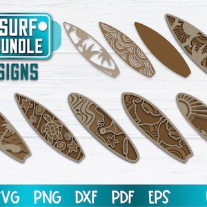 Puede incluir: Un conjunto de seis diseños SVG de surf en 3D. Los diseños presentan varios patrones inspirados en la playa, incluidos palmeras, conchas marinas y delfines. Los diseños son perfectos para crear manualidades personalizadas, decoraciones y mucho más.