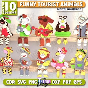 Könnte beinhalten: Zehn digitale Designs von lustigen Touristen-Tieren. Die Tiere sind im Cartoon-Stil illustriert und umfassen eine Giraffe, einen Koala, einen Pinguin, einen Löwen, einen Flamingo, eine Katze, ein Flusspferd, einen Eisbären, einen Affen und ein Zebra. Die Designs sind perfekt zum Laserschneiden und sind in den Formaten SVG, PNG, DXF, PDF und EPS verfügbar.
