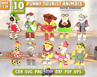 3D Funny Tourist Animals Laser Cut Bundle, Cute Animals Shelf Sitters, Funny Animal Decor with Dangling Legs, Wooden Summer Seated Figurine