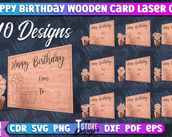 May include: Ten laser cut wooden birthday card designs featuring a variety of floral arrangements. Each card has a space for a message and the words "Happy Birthday" at the top.