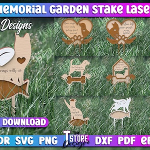Könnte beinhalten: Zehn digitale Designs für lasergeschnittene Tier-Gedenk-Gartenpfähle. Die Designs zeigen verschiedene Tiersilhouetten, Pfotenabdrücke, Herzen und Text wie "Immer bei uns" und "Du hast Pfotenabdrücke in meinem Herzen hinterlassen".