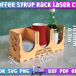 May include: A wooden coffee syrup rack with a laser cut design. The rack has three compartments, one for a bottle of syrup, one for a cup, and one for napkins. The rack is 13.6 inches wide, 6.3 inches tall, and 5 inches deep. The rack has the text "Change the world. Start with coffee." printed on the front.