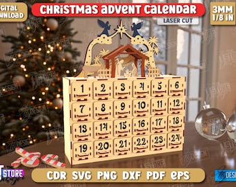 Kerst adventkalender lasergesneden, 3D-houten adventskalender, kerstplankoppas svg, kerstdorp lasergesneden, kerststal svg, kinderen
