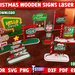 Christmas Wooden Signs Laser Cut Bundle, 3D Christmas stands decor, shelf sitter svg, Santa&#39;s welcome signs laser cut, Christmas directional