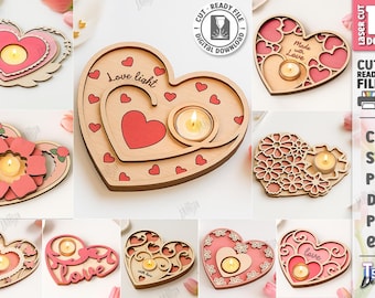 3d Heart candle holder laser cut bundle, Valentine's day tea light candle holders, heart shaped candle holder, love lamp laser cut, romantic