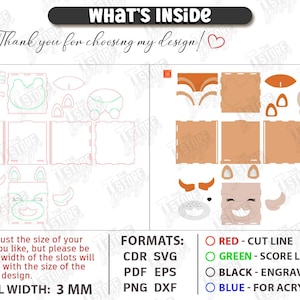 May include: Digital cut file design with cow-themed elements, including cut lines, score lines, and engraving details. The design includes text that says "What's Inside" and "Thank you for choosing my design!" Material width is 3 mm.