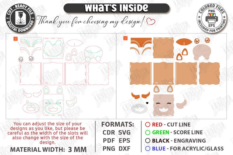 May include: Digital cut file design with cow-themed elements, including cut lines, score lines, and engraving details. The design includes text that says "What's Inside" and "Thank you for choosing my design!" Material width is 3 mm.