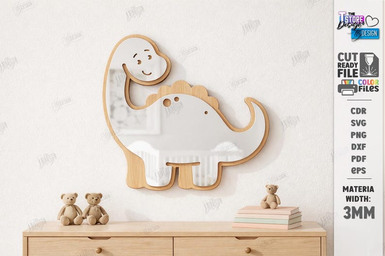 May include: A wooden dinosaur-shaped mirror with a smiling face, suitable for a child's room. The mirror is surrounded by a light wood frame. The image also shows two small teddy bears and a stack of books. The text on the right says "CUT READY FILE".
