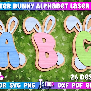 Letra de monograma de conejito de Pascua Corte láser / Letras de orejas de conejo SVG / Signo de Pascua del alfabeto / Llavero de letras de conejito / Llavero del alfabeto de conejo