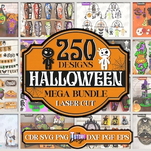 May include: A collage of Halloween-themed laser cut designs. The central image features an orange and black sign that reads "250 DESIGNS HALLOWEEN MEGA BUNDLE LASER CUT". Surrounding images showcase various spooky decorations, including haunted houses, coffins, and witch-themed items.