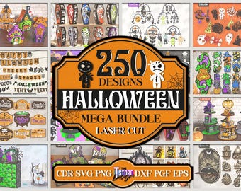 Può includere: Un collage di design di Halloween tagliati al laser. L'immagine centrale presenta un cartello arancione e nero con la scritta "250 DESIGNS HALLOWEEN MEGA BUNDLE LASER CUT". Le immagini circostanti mostrano varie decorazioni spettrali, tra cui case infestate e bare.