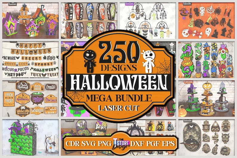 May include: A collage of Halloween-themed laser cut designs. The central image features an orange and black sign that reads "250 DESIGNS HALLOWEEN MEGA BUNDLE LASER CUT". Surrounding images showcase various spooky decorations, including haunted houses, coffins, and witch-themed items.