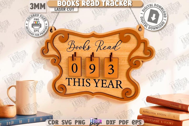 Puede incluir: Letrero de seguimiento de libros de madera con el texto "Books Read This Year" y el n&uacute;mero "093". El letrero est&aacute; cortado con l&aacute;ser e incluye una opci&oacute;n de descarga digital. El letrero est&aacute; colgado de una cadena.