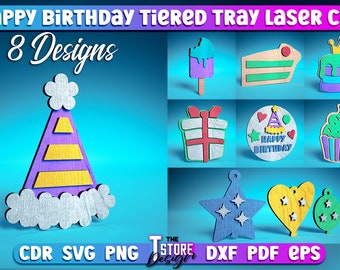 Happy Birthday Tiered Tray Laser Cut SVG Bundle | Birthday Tiered Tray SVG Design | Laser Cut Files