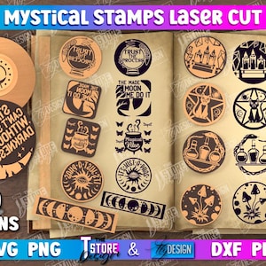 May include: Ten mystical stamp designs for laser cutting. The designs include a moon, stars, a cauldron, a cat, a potion bottle, mushrooms, and more. The designs are 3 mm (1/8 inch) thick.