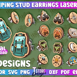 May include: Ten digital designs for laser cut camping stud earrings. The designs include a campfire, a moon, a compass, a camper van, a mug, a backpack, and more. The designs are available in CDR, SVG, PNG, DXF, PDF, and EPS formats.