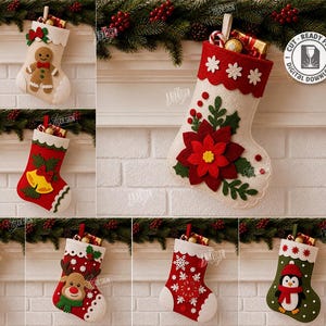 May include: A collection of ten felt Christmas stockings featuring various holiday designs including a polar bear, gingerbread man, poinsettia, bells, candy canes, reindeer, snowflakes, and a penguin, with digital file formats listed on the right.