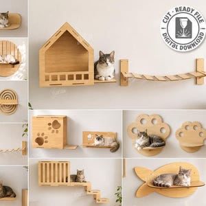 May include: A collection of ten laser-cut wooden cat furniture designs for wall mounting, including shelves shaped like paw prints, houses, bridges, and fish. The digital download includes files in CDR, SVG, PNG, DXF, PDF, and EPS formats for 6mm material.