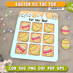 May include: A wooden Easter tic-tac-toe game with nine spaces for playing. Each space features a colourful Easter egg design. The game board is light blue with white trim. The words "Tic Tac Toe" are printed in black on the board.