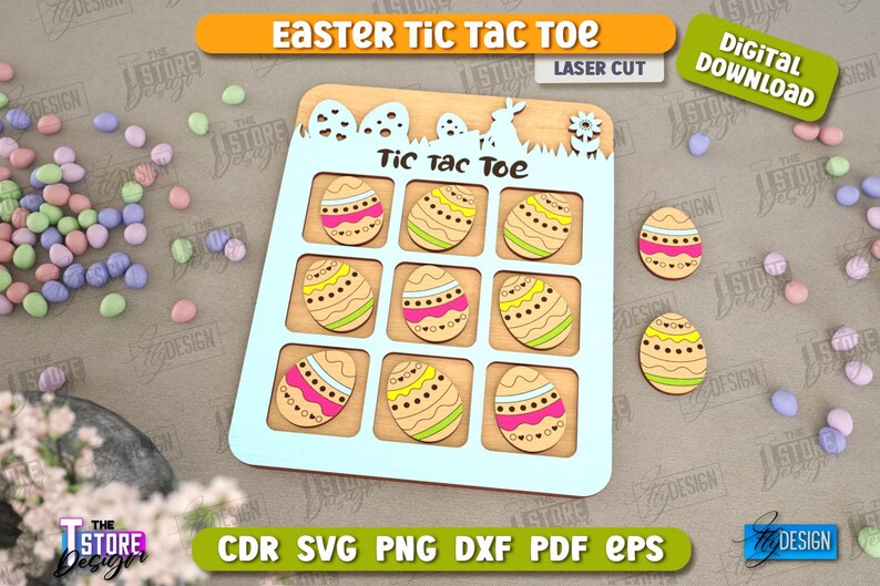 May include: A wooden Easter tic-tac-toe game with nine spaces for playing. Each space features a colourful Easter egg design. The game board is light blue with white trim. The words "Tic Tac Toe" are printed in black on the board.